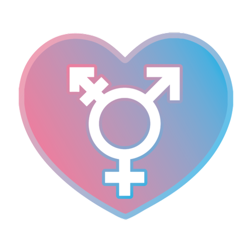 Dette er logoen til transhjelpen.no, med et hjerte i rosa og blått og et kombinert transsymbol i midten. Symbolet er en del av organisasjonens visuelle identitet.