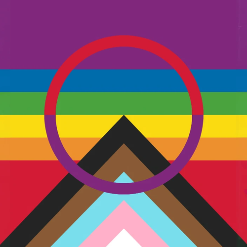 Dette er logoen til Garmeres, med et regnbuefarget bakgrunnsmønster og en sirkel over en stilisert form. Elementene er en del av organisasjonens visuelle identitet.