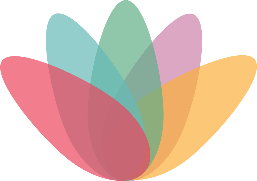 Dette er logoen til finnensexolog.no, med overlappende bladformer i flere farger. Formen er en del av organisasjonens visuelle identitet.